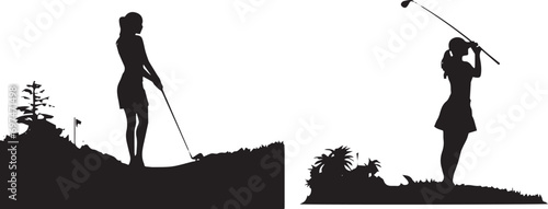Set of silhouette golf stadium with girl golf player vector illustration