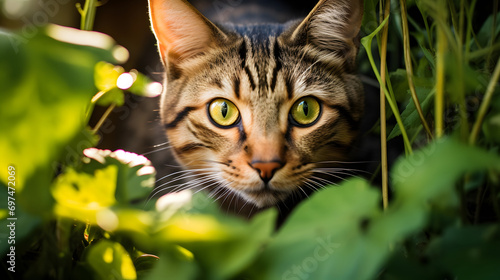 Curios cat in a green lush garden, summertime, AI generated, beautiful cat