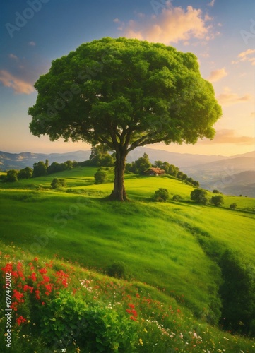 massive lush green field with clusters of flowers 