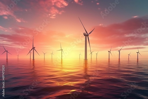 3D render of offshore windmill park harnessing wind energy in the ocean during sunset. Generative AI