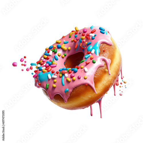 Decorated colorful delicious donut falling in motion isolated on transparent background, Generative ai photo