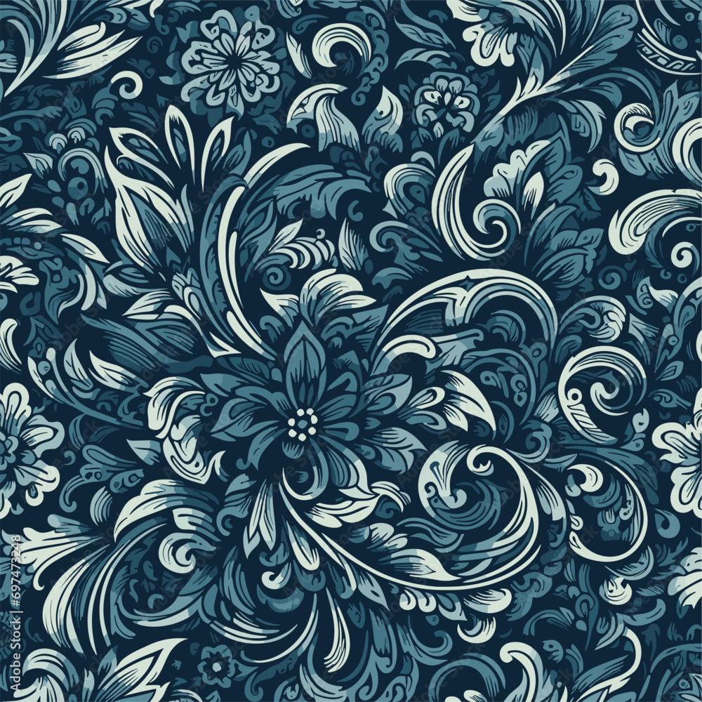 Free vector seamless floral pattern on uniform background. ornament darkcyan, design fabric art, fashion contour
