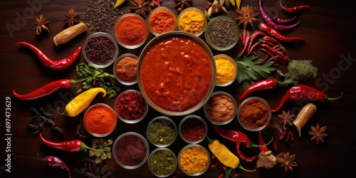 A captivating image of colorful es, such as turmeric, paprika, and cumin, artfully arranged around a jar of fermented hot sauce. The es serve as a visual representation of the intricate
