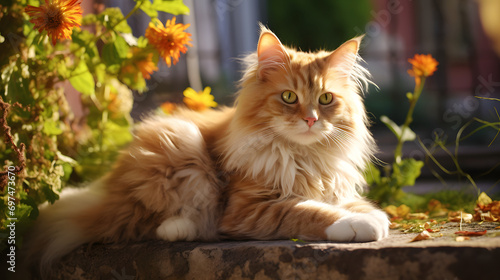 Majestic cat in warm sunshine laying between beautiful orange flowers, ai generated