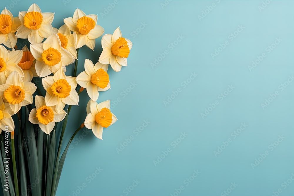 Yellow Narcissus or daffodil flowers on background. copy space, Postcard, banner, design
