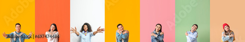 Set of people embracing themselves and with open arms on color background photo