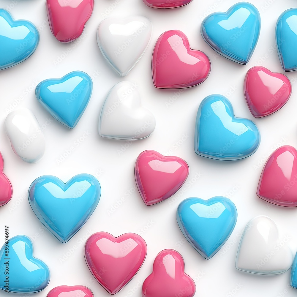 plastic inflated 3D hearts on white background Seamless pattern on white background. valentine's day background