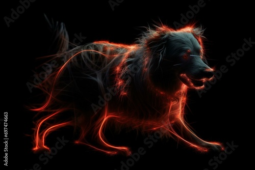 Red glowing eyed dog like aggressive demonic attacking beast, incarnation of evil, fear and hereafter. Blurred for reason to emphasize movement. Generative AI