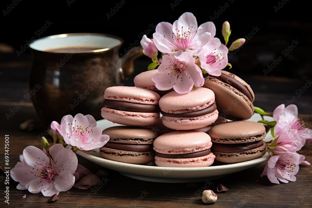 Mocha macarons arranged on a rustic table with a profusion of spring blooms. Mocha macarons arranged on a rustic table with a profusion of spring blooms.
