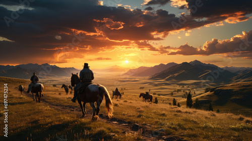Meadow Sunset Gallop: Horseback Riders in Motion © Sekai