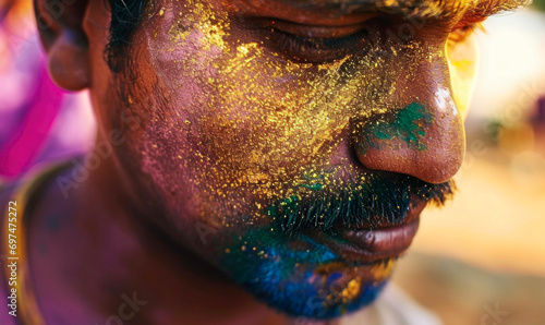 Indian man with moustache and face covered with golden powder in Holi spring festival photo