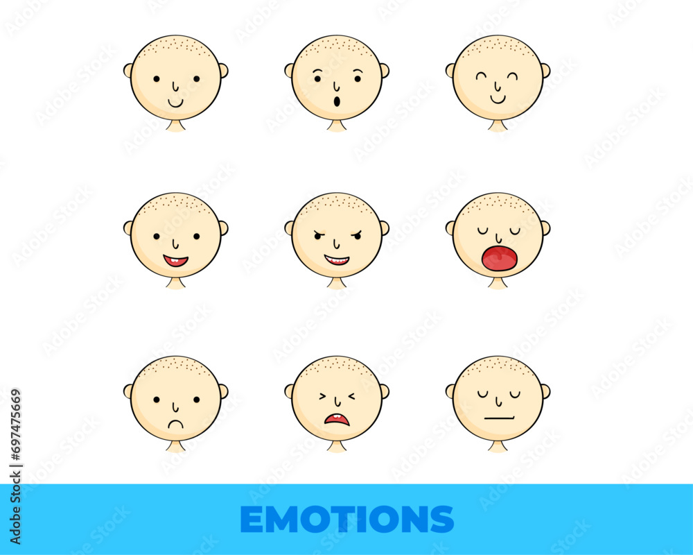 Set of cartoon male character facial expressions. Young man with different expressions. Vector illustration in cartoon style. Cartoon character. Set of cartoon male character facial expressions. Young man with different expressions. Vector illustration in cartoon style. Cartoon character.