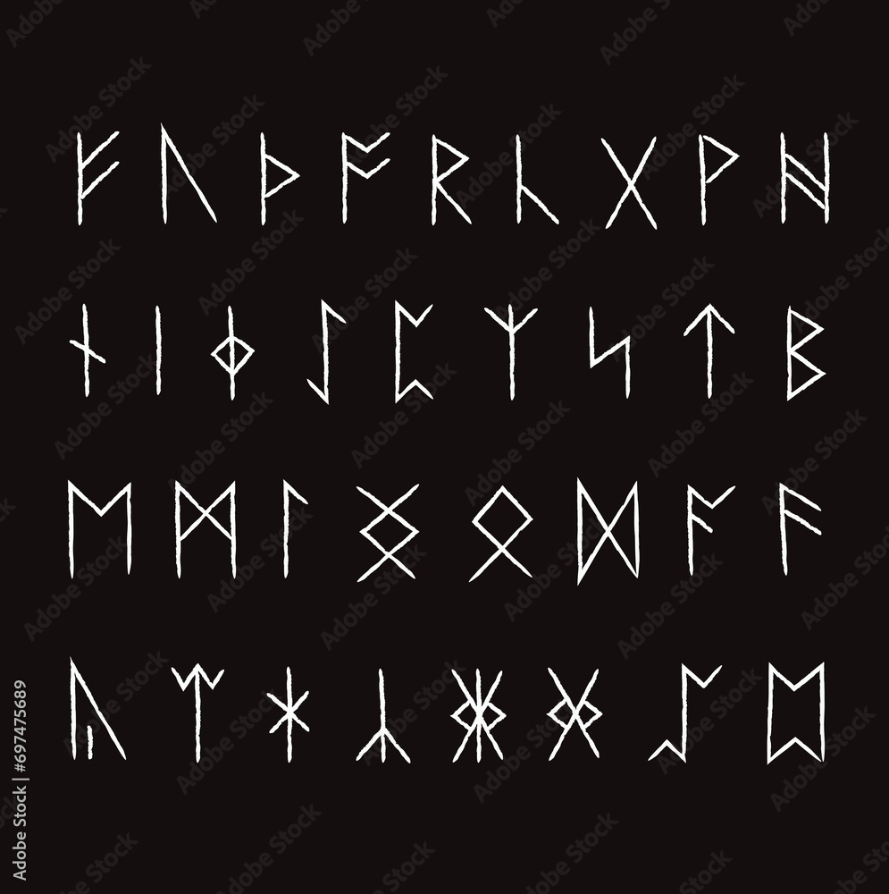 Old Futhark runes alphabet with names and definitions. Mystical occult symbols of scandinavian mythology. Old Futhark runes alphabet with names and definitions. Mystical occult symbols of scandinavian mythology.
