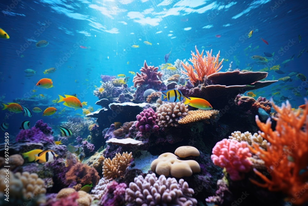 Obraz premium Colorful of beautiful underwater world blue reef on sunny