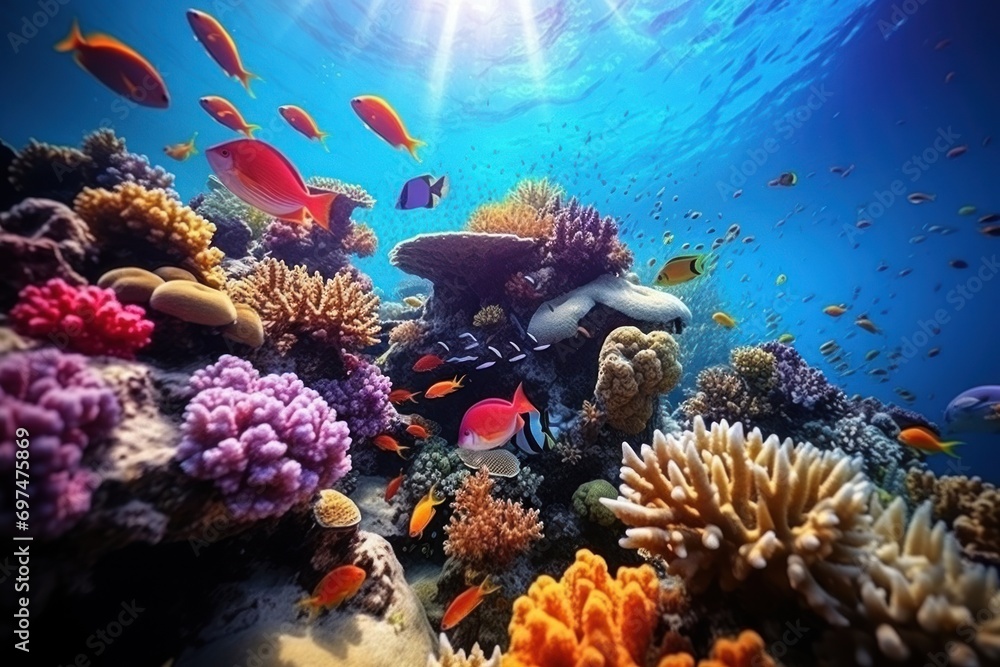 Obraz premium Colorful of beautiful underwater world blue reef on sunny