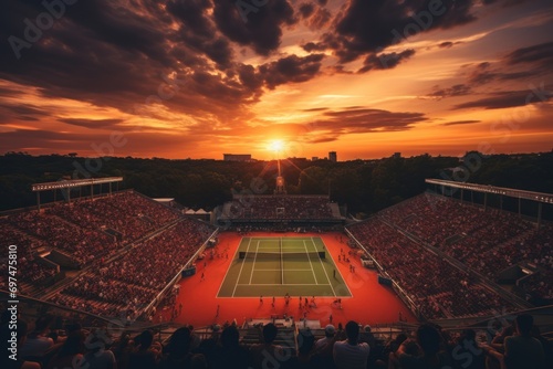 Aerial shot of a tennis court with a tribune full of people. Sports fans over the sunset sky photo