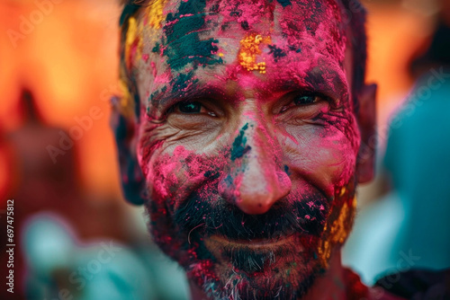Confident mature Indian man with twinkles with his face painted with colored pigment at Holi photo