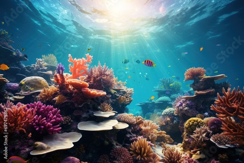 Colorful of beautiful underwater world blue reef on sunny photo