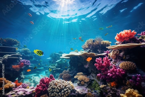 Colorful of beautiful underwater world blue reef on sunny