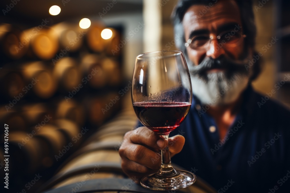 Image of a happy wine taster using his nose to smell the product from a wine glass. In the basement with the tank in the background - obrazy, fototapety, plakaty 