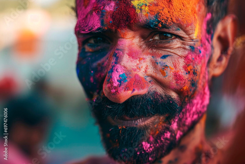 Indian serene man painted with the vibrant colors of Holi, a moment of reflection amidst celebration