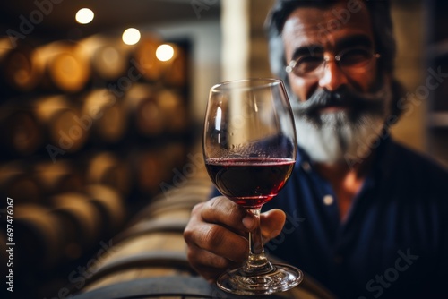 Image of a happy wine taster using his nose to smell the product from a wine glass. In the basement with the tank in the background