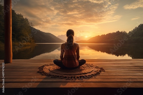 Healthy woman Lifestyle wellness relaxation health exercise yoga spa lake and mountain sunset is background