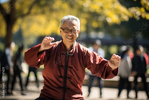 Photograph of a Senior man enjoying a kung-fu in national park © Attasit