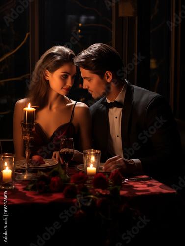 couple celebrating with champagne, romantic dinner table, valentines dinner, candle lit table, couple looking at each, romance, love, couple in love