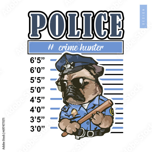 Vector illustration of cute dog police t-shirt design. Wanted poster theme: police dog hunting criminals. Bulldog, bull terrier, pitbull. Ready to print for t-shirts, stickers and posters.