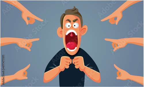 People Pointing at an Angry Man Vector Cartoon illustration. Guy enraged suffering from toxic masculinity shouting and yelling 
