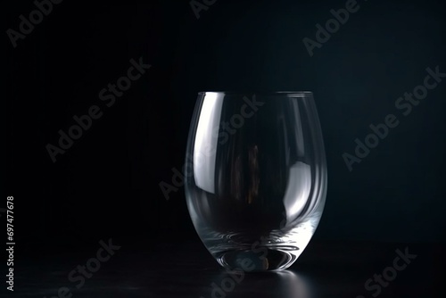 Empty glass with no contents and transparent appearance against a dark backdrop. Generative AI