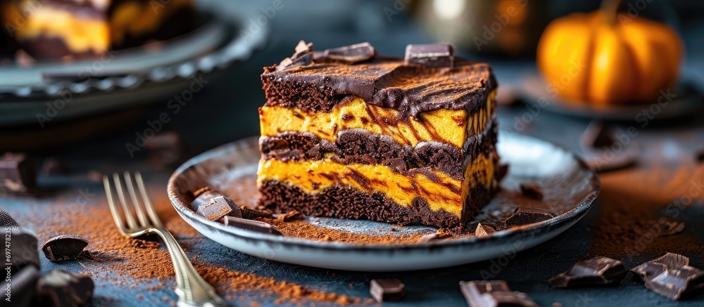 Delicious homemade dessert, made with chocolate and pumpkin layers on a marble cake.