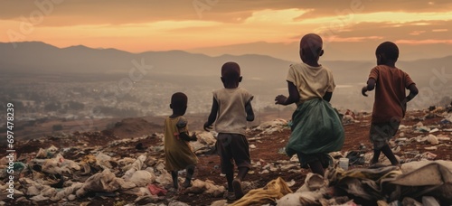 Children playing on hillside overlooking town at dusk. Childhood and resilience. photo