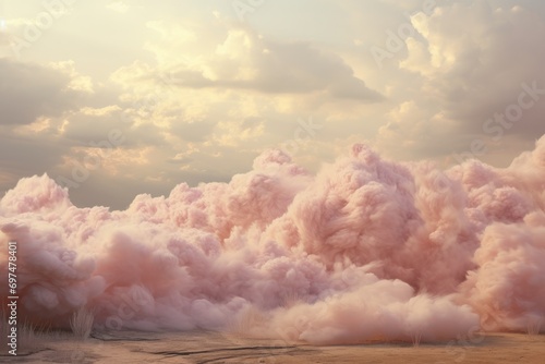 3D illustration of a smoke cloud in the sky at sunset, Fluffy white and pink clouds, AI Generated