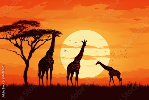 Silhouette of giraffe in savanna at sunset vector illustration  Giraffe Silhouette - African Wildlife Background - Beauty in Color and Liberty  AI Generated