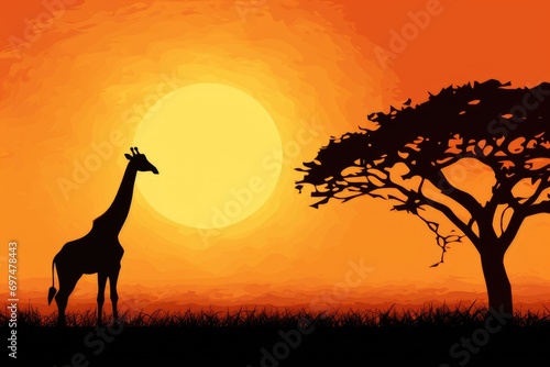 Silhouette of giraffes in savanna at sunset, vector illustration, Giraffe Silhouette - African Wildlife Background - Beauty in Color and Liberty, AI Generated