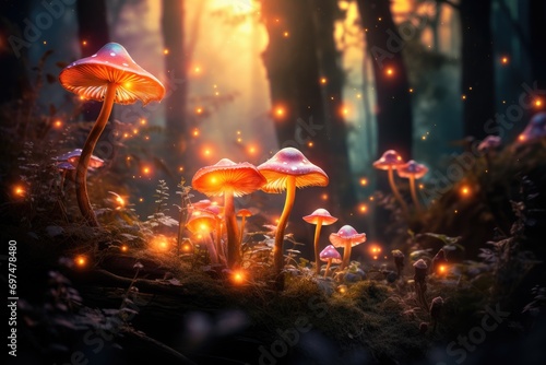 Mushrooms in the forest at night. Fairytale scene, Glowing mushrooms in a dreamy forest, AI Generated