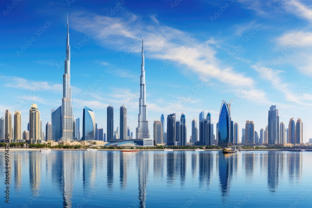 Fototapeta premium Dubai skyline with skyscrapers reflected in water, United Arab Emirates, Dubai Business Bay panoramic view, UAE, AI Generated