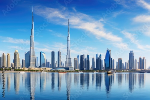 Dubai skyline with skyscrapers reflected in water, United Arab Emirates, Dubai Business Bay panoramic view, UAE, AI Generated