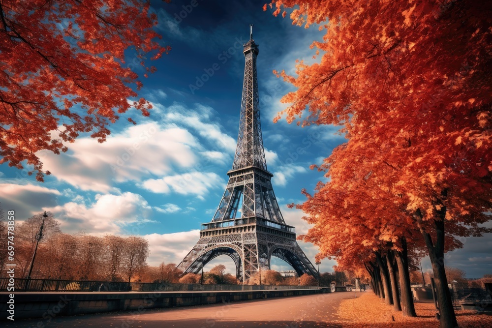 The Eiffel Tower in Paris, France during autumn season, Eiffel Tower with autumn leaves in Paris, France, AI Generated