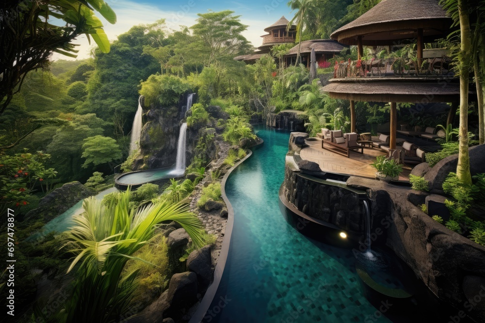 Tropical garden with waterfall in the jungle of Bali, Indonesia, Exotic oasis in Bali, featuring a tropical swimming pool nestled amidst the breathtaking scenery of Indonesia's, AI Generated