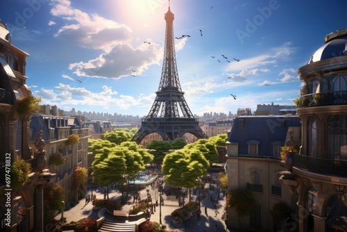 Eiffel Tower in Paris, France with birds flying in the sky, Eiffel Tower city, AI Generated