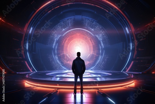 Rear view of businessman looking at futuristic tunnel. Future and technology concept, Futuristic spaceship interior with glowing neon lights and a man, 3D rendering, AI Generated