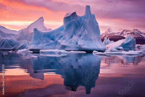 Ice formations and icebergs in Glacier Lagoon, Iceland, Europe, Early morning summer alpenglow lighting up icebergs during the midnight season, AI Generated