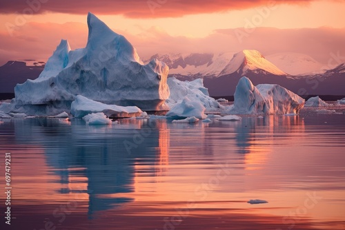 Antarctic landscape with icebergs and reflection in water at sunset, Early morning summer alpenglow lighting up icebergs during the midnight season, AI Generated photo