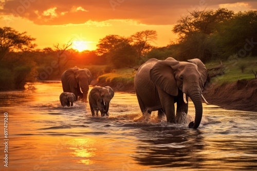 Elephants in Chobe National Park  Botswana  Africa  Elephants crossing the Olifant River  evening shot  Kruger National Park  AI Generated