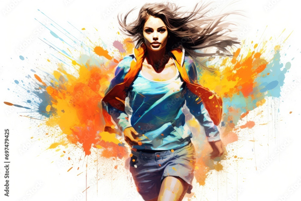 Portrait of a beautiful young woman with colorful splashes in the background, Fashion illustration of a beautiful young woman running with vibrant splashes, AI Generated