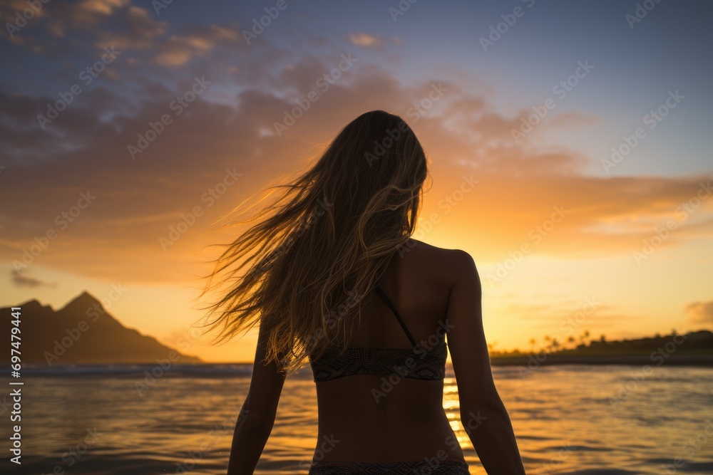 Silhouette of a beautiful woman in bikini on the beach at sunset, Female surfer rear view in the sea at sunset, Oahu, Hawaii, United States of America, AI Generated