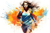 Portrait of a beautiful young woman with colorful splashes in the background, Fashion illustration of a beautiful young woman running with vibrant splashes, AI Generated